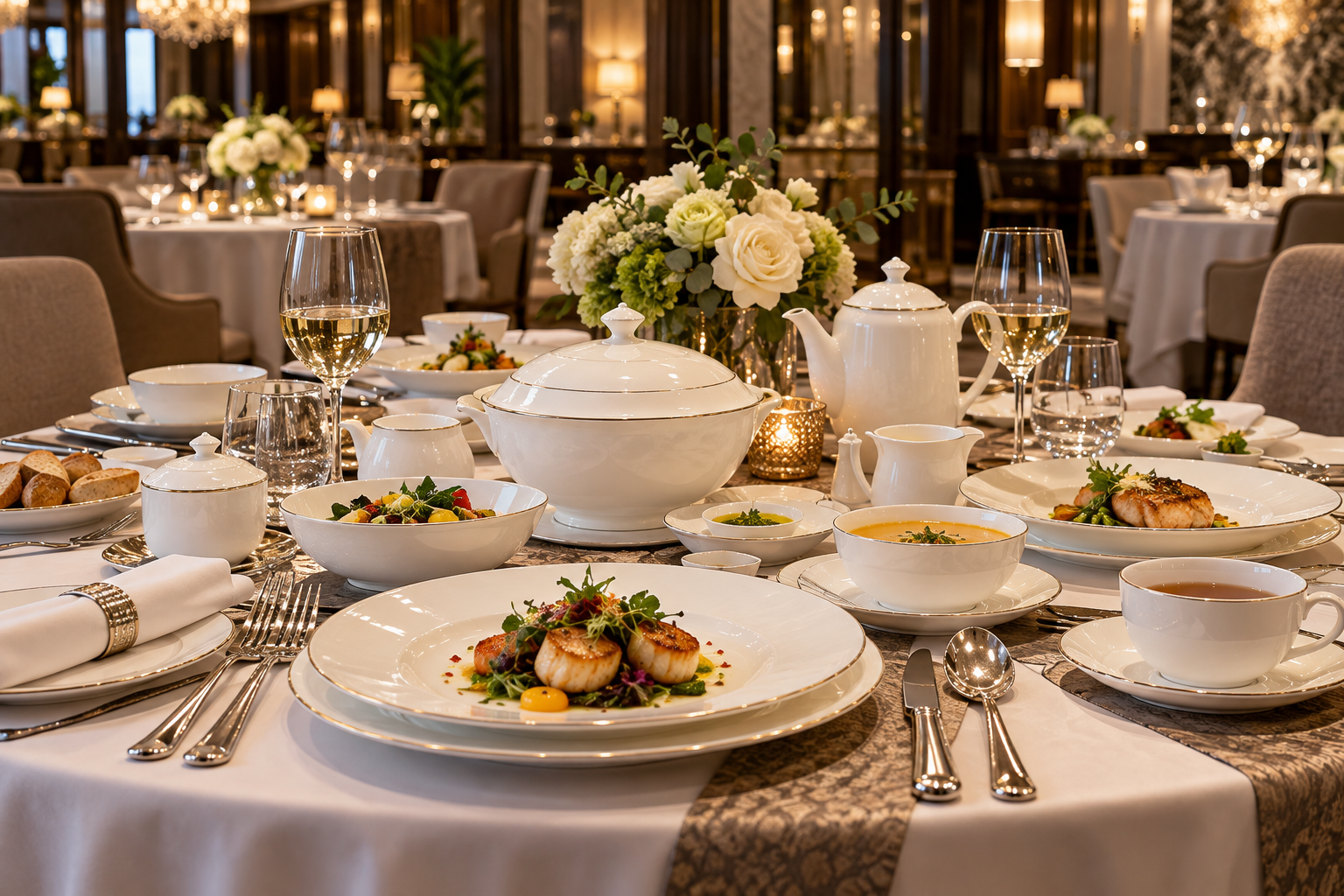 Bộ đồ sứ trong không gian bàn tiệc và F&B