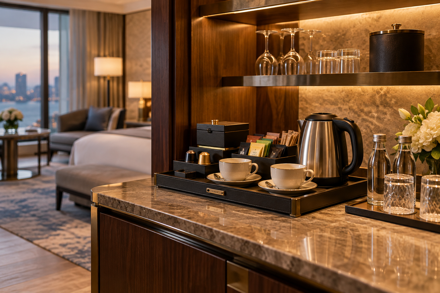 Bộ trà và cà phê bố trí tại khu vực minibar phòng nghỉ